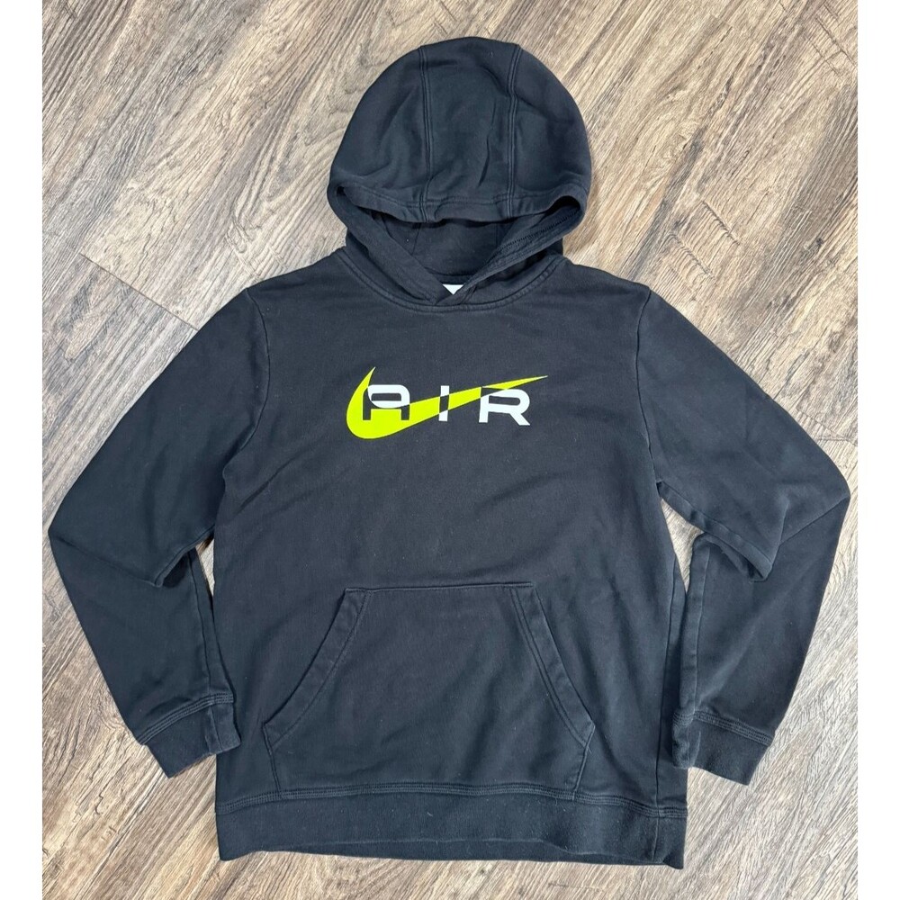 Nike Air Kids Unisex Fleece Pullover Hoodie XL 18 Black Volt Green Logo